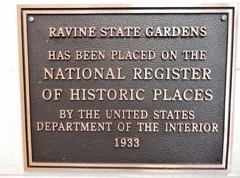 Ravine Gardens National Register of Historic Places plaque (<i>on wall inside visitor center</i>) image. Click for full size.