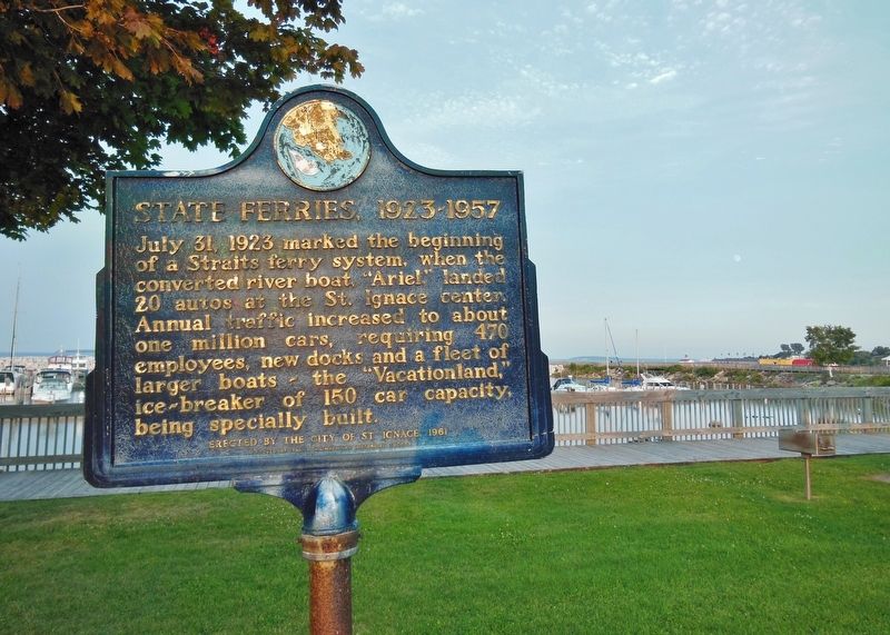 State Ferries, 1923-1957 Marker (<i>wide view; St. Ignace Marina in background</i>) image. Click for full size.