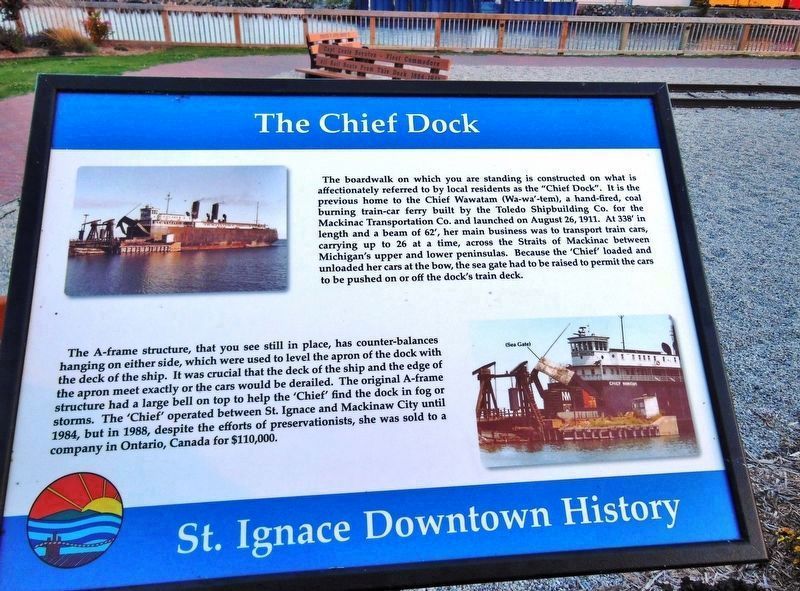 Chief Dock Marker (<i>wide view; looking south; old dock railroad tracks in background, right</i>). Click for full size. Chief Dock Marker (<i>wide view; looking south; old dock railroad tracks in background, right</i>) image. Click for full size.