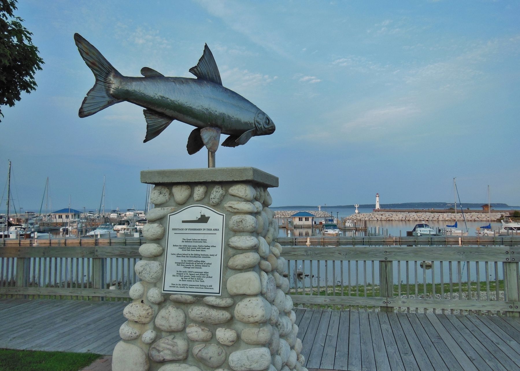 Heritage of Fishermen in this Area Marker (<i>wide view; St. Ignace Marina in background</i>) image. Click for full size.