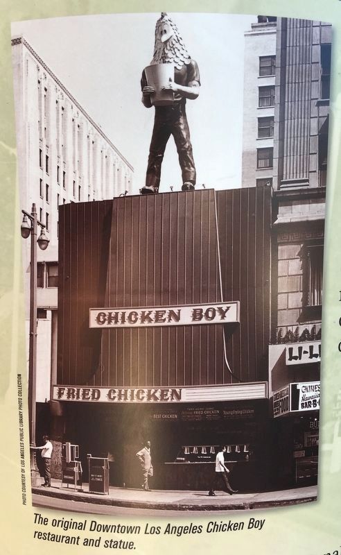 Marker Detail, showing Chicken Boy atop his old location at 450 South Broadway image. Click for full size.