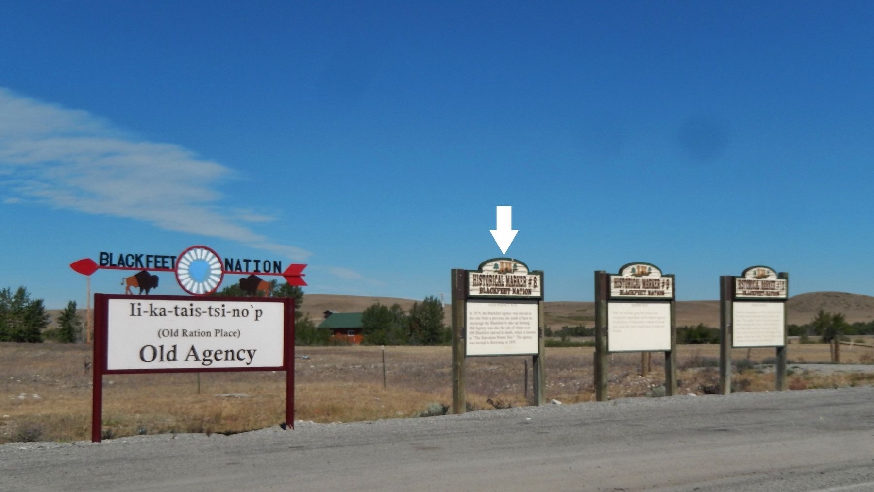 Old Agency Site Marker (<i>wide view; leftmost of three historical markers at this site</i>) image. Click for full size.