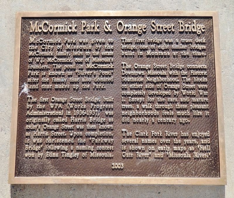 McCormick Park & Orange Street Bridge Marker image. Click for full size.