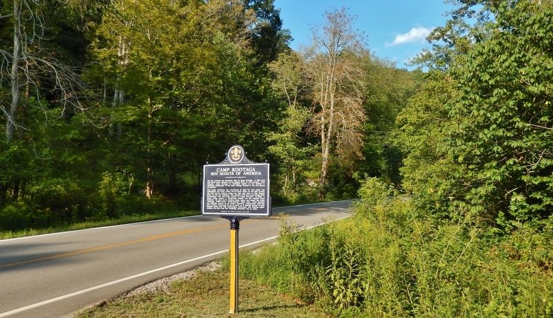Camp Kootaga Marker (<i>wide view; Staunton Turnpike (West Virginia Hwy 47) in background</i>) image. Click for full size.