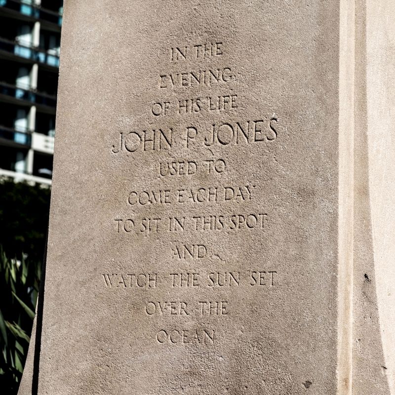 John P. Jones Monument, inscription facing ocean image. Click for full size.