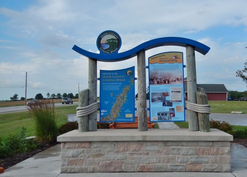 Town of Sevastopol Marker Kiosk (<i>wide view looking north; Wisconsin Hwy 42 on left</i>) image. Click for full size.