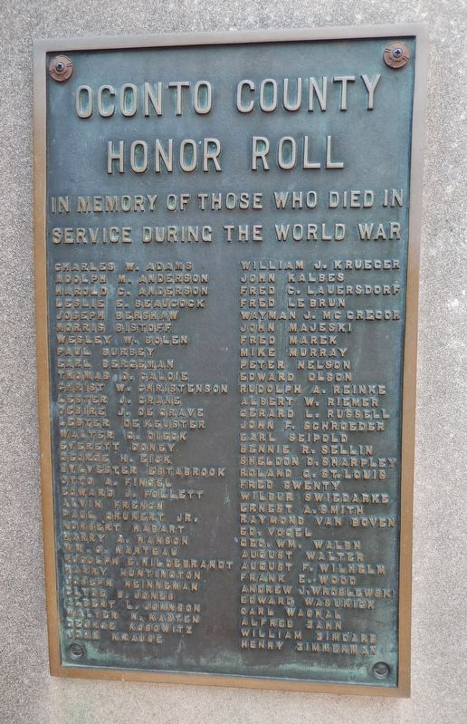 Oconto County World War I Honor Roll. Click for full size. Oconto County World War I Honor Roll image. Click for full size.