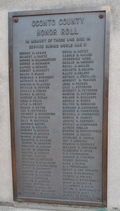 Oconto County World War II Honor Roll. Click for full size. Oconto County World War II Honor Roll image. Click for full size.