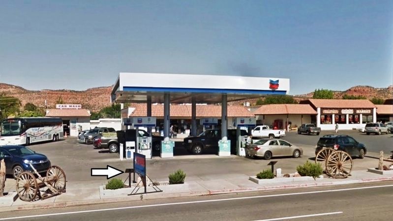 Gregory Peck Marker (<i>wide view; marker visible beside sidewalk, in front of service station</i>). Click for full size. Gregory Peck Marker (<i>wide view; marker visible beside sidewalk, in front of service station</i>) image. Click for full size.