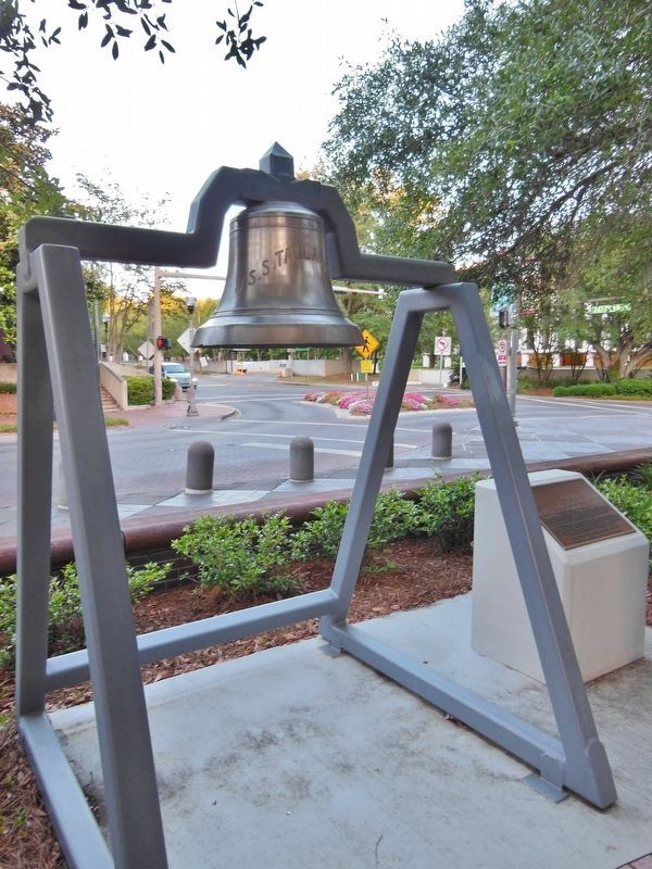 USS Tallahassee Marker (<i>wide view; marker mounted knee-level on pedestal beside bell exhibit</i>). Click for full size. USS Tallahassee Marker (<i>wide view; marker mounted knee-level on pedestal beside bell exhibit</i>) image. Click for full size.