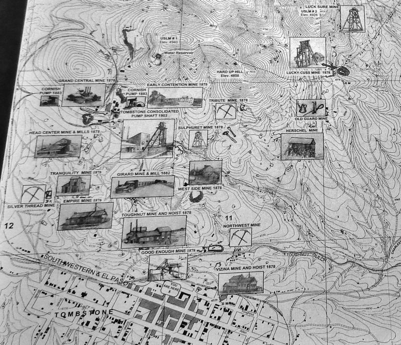 Marker detail: Tombstone Mines Map (<i>from left side of marker</i>) image. Click for full size.