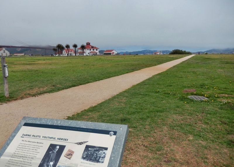Daring Pilots, Youthful Heroes Marker (<i>wide view looking north across Crissy Field</i>). Click for full size. Daring Pilots, Youthful Heroes Marker (<i>wide view looking north across Crissy Field</i>) image. Click for full size.
