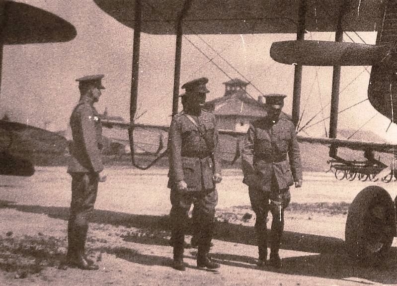 Marker detail: U.S. Army Air Service Chief, Major General Mason Patrick (r), inspects the airfield image. Click for full size.