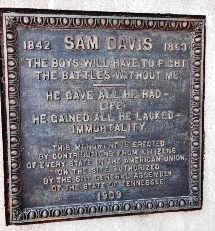 Sam Davis of Tennessee Monument Dedication plaque<br>(<i>located on east side of pedestal</i>) image. Click for full size.