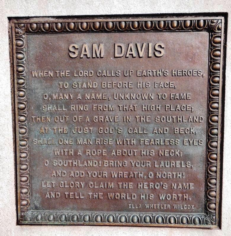 Sam Davis of Tennessee Monument Poem plaque<br>(<i>mounted on west side of pedestal</i>) image. Click for full size.