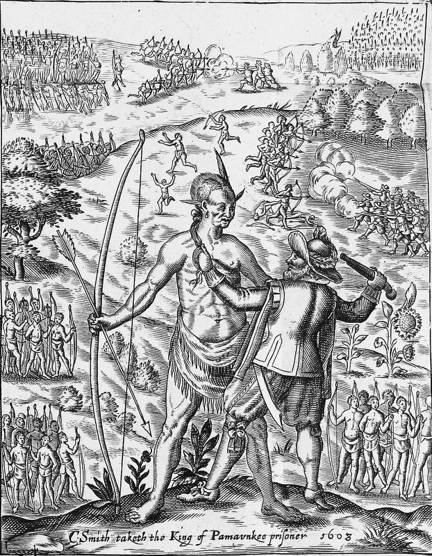 John Smith taking the King of Pamunkey (Opechancanough) prisoner. image. Click for full size.