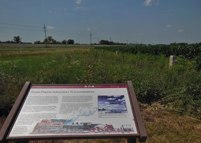 From Prairie Schooners to Locomotives Marker (<i>wide view; US Highway 56 in background</i>) image. Click for full size.
