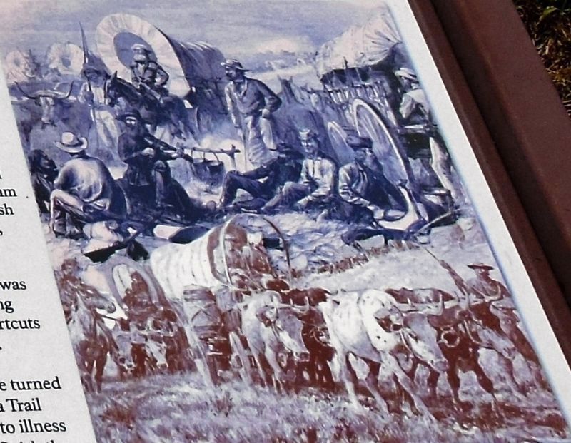 Marker detail: Covered wagons on the trails image. Click for full size.