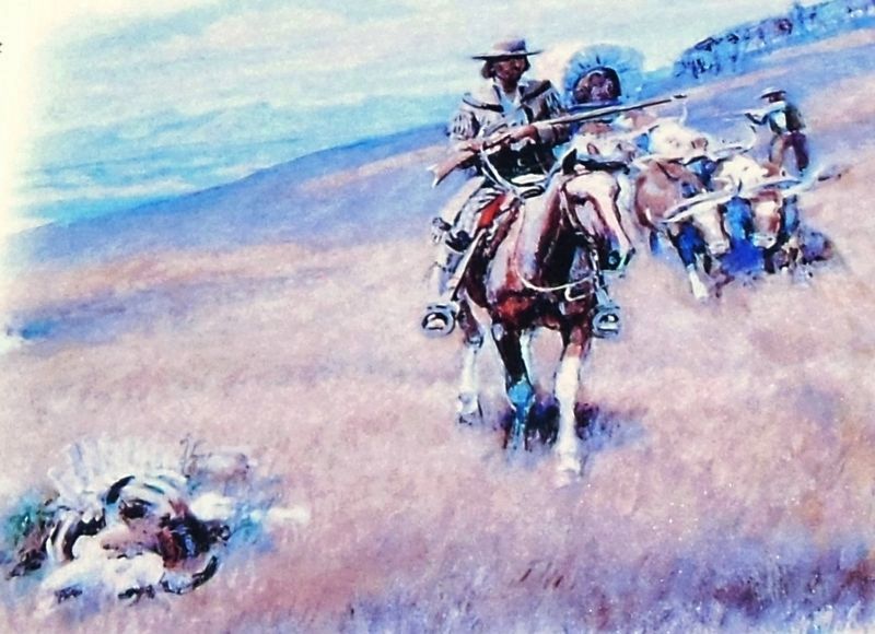 Marker detail: <i>When Wagon Trails Were Dim</i>, by Charles M. Russell. Click for full size. Marker detail: <i>When Wagon Trails Were Dim</i>, by Charles M. Russell image. Click for full size.