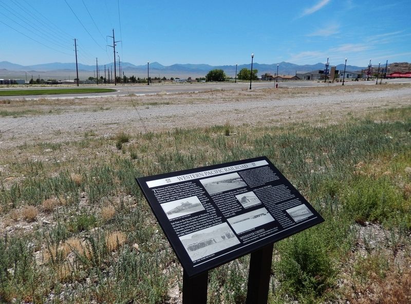 Western Pacific Railroad Marker (<i>wide view; Wendover Boulevard in background</i>) image. Click for full size.