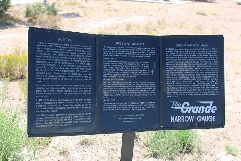Woodside/Price River Ranches/D & RGW Narrow Gauge Marker. Click for full size. Woodside/Price River Ranches/D & RGW Narrow Gauge Marker image. Click for full size.