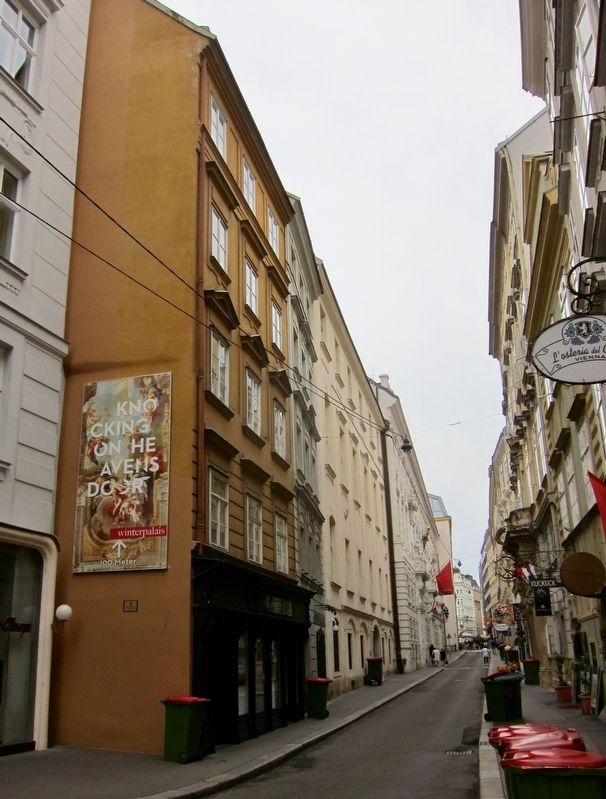Mozart's First Marker - wide view, looking west on Himmelpfortgasse image. Click for full size.