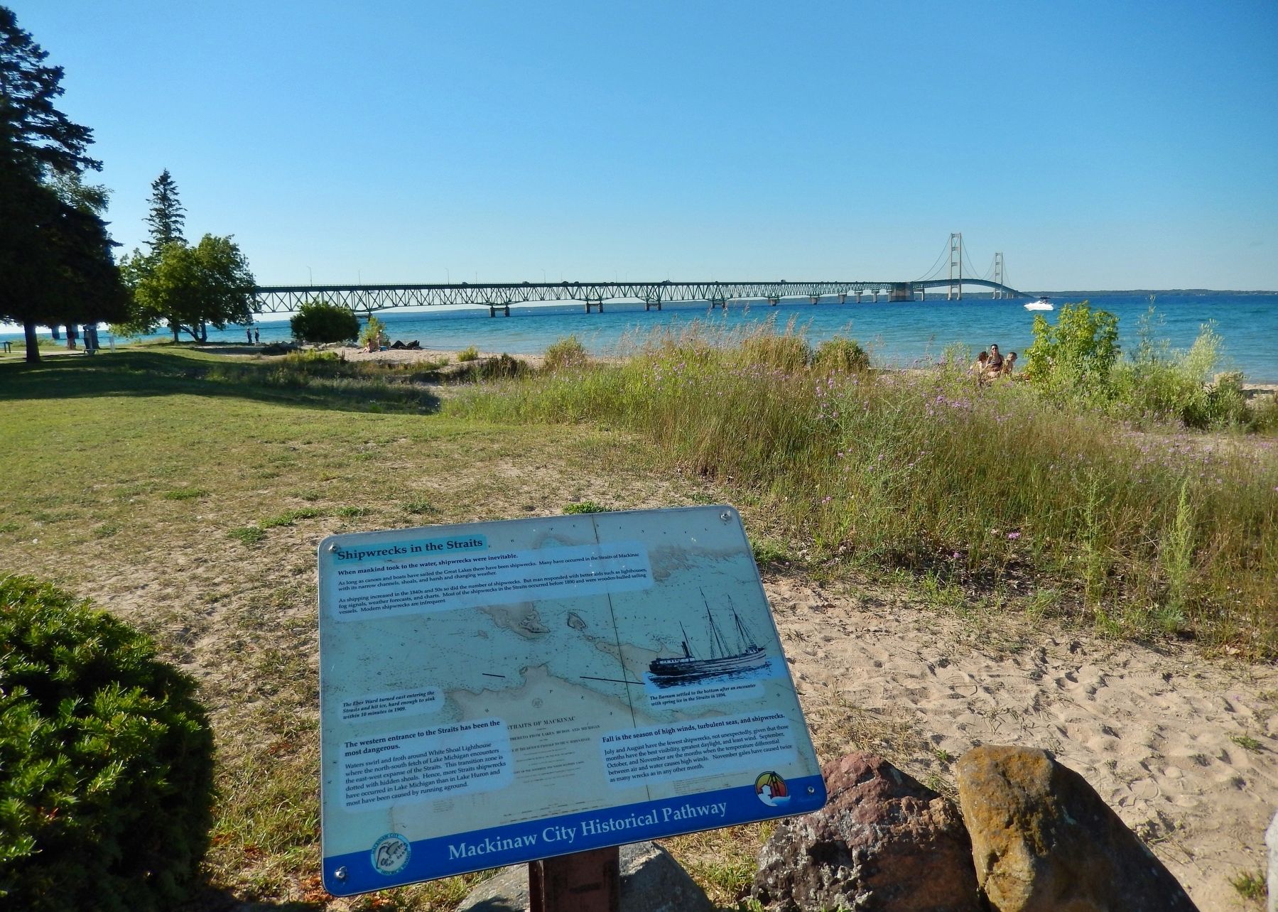 Shipwrecks in the Straits Marker (<i>wide view; Mackinac Bridge in background</i>) image. Click for full size.