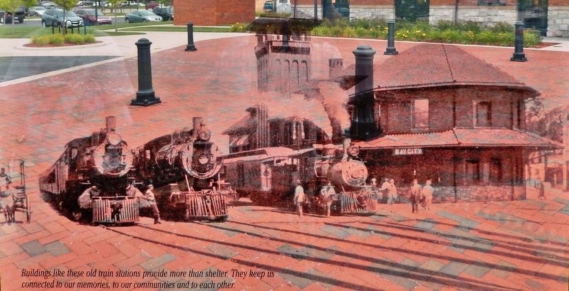 Marker detail: Historic Photograph of Bay City Railroad Depot & Locomotives image. Click for full size.