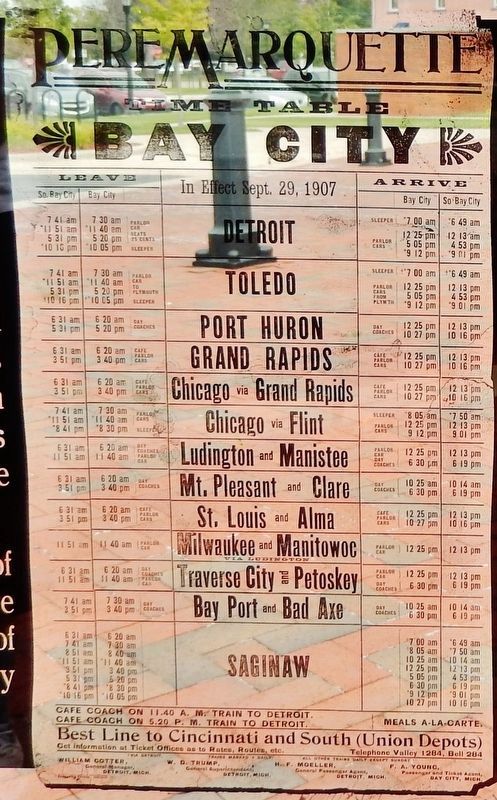 Marker detail: 1907 Bay City Railroad Timetable image. Click for full size.