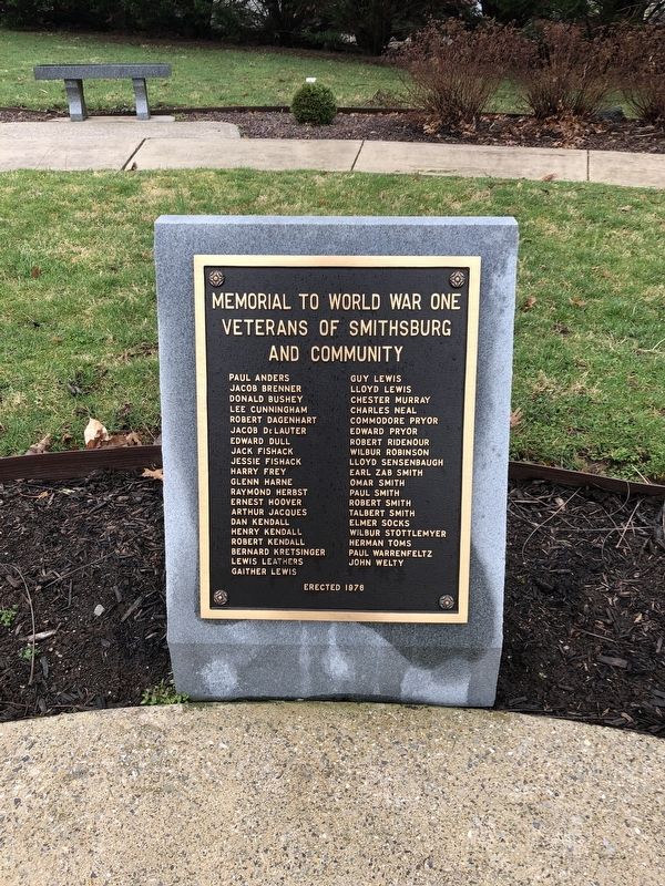 Memorial to World War One Veterans of Smithsburg and Community Marker. Click for full size. Memorial to World War One Veterans of Smithsburg and Community Marker image. Click for full size.