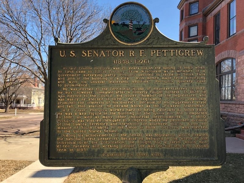 U.S. Senator R.F. Pettigrew Marker (side one). Click for full size. U.S. Senator R.F. Pettigrew Marker (side one) image. Click for full size.