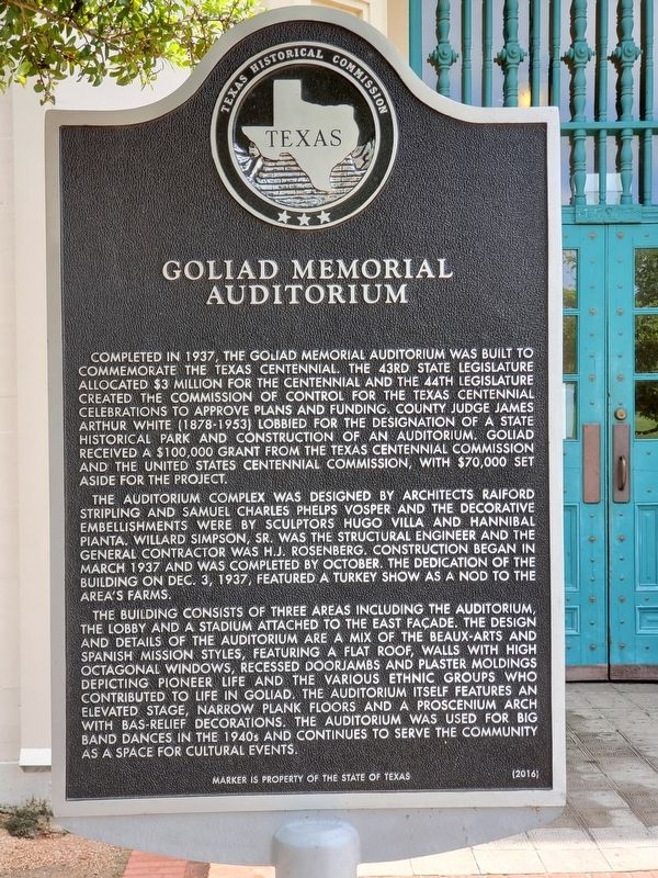 Goliad Memorial Auditorium Marker. Click for full size. Goliad Memorial Auditorium Marker image. Click for full size.
