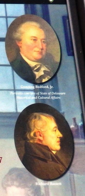 Marker detail:<br>Gunning Bedford, Jr.<br>Richard Bassett image. Click for full size.
