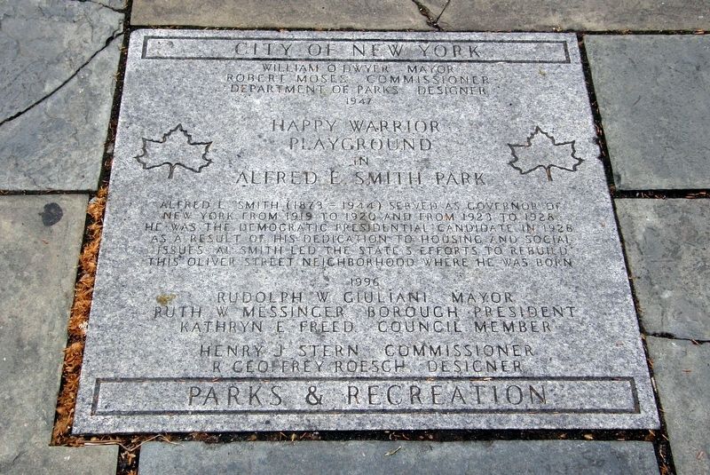 Happy Warrior Playground in Alfred E. Smith Park Marker. Click for full size. Happy Warrior Playground in Alfred E. Smith Park Marker image. Click for full size.