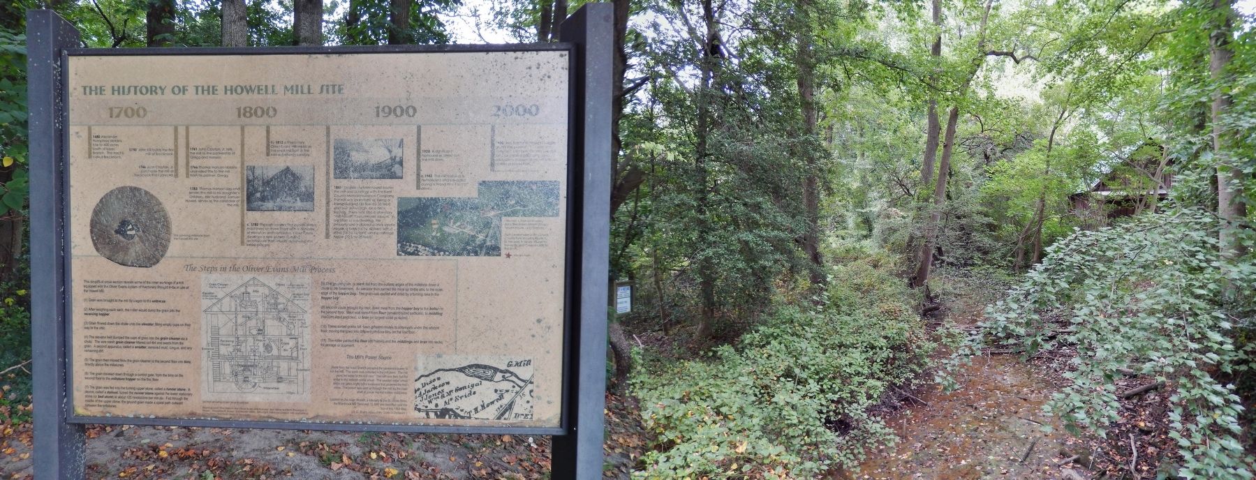 History of the Howell Mill Site Marker<br>(<i>wide view; mill site in background</i>). Click for full size. History of the Howell Mill Site Marker<br>(<i>wide view; mill site in background</i>) image. Click for full size.