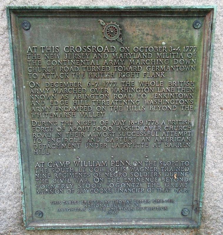 Church Road and Washington Lane Historic Crossroad Marker image. Click for full size.