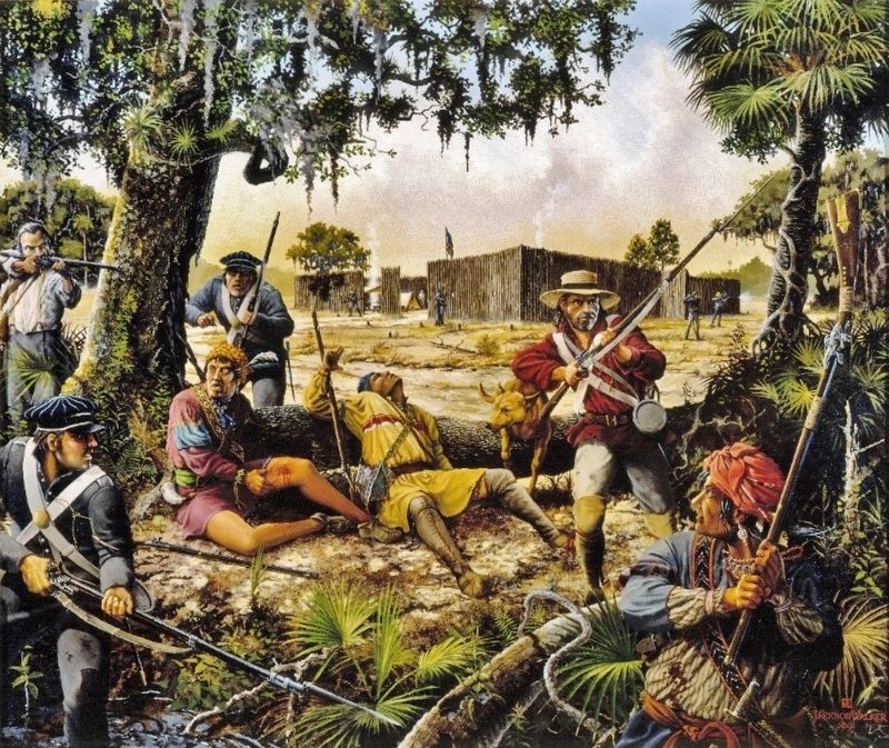 Marker detail: The siege of Ft. Cooper is depicted by Florida artist Jackson Walker image. Click for full size.