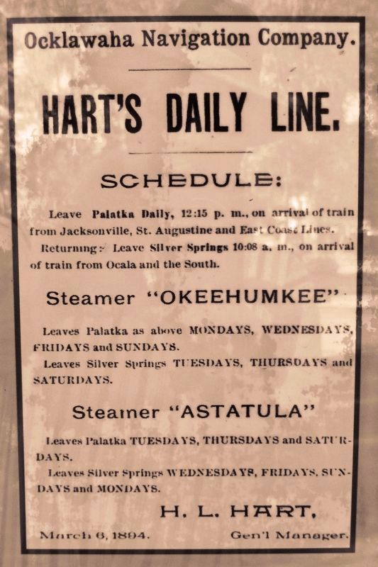 Marker detail: Ocklawaha Navigation Company - Hart Line Schedule. Click for full size. Marker detail: Ocklawaha Navigation Company - Hart Line Schedule image. Click for full size.