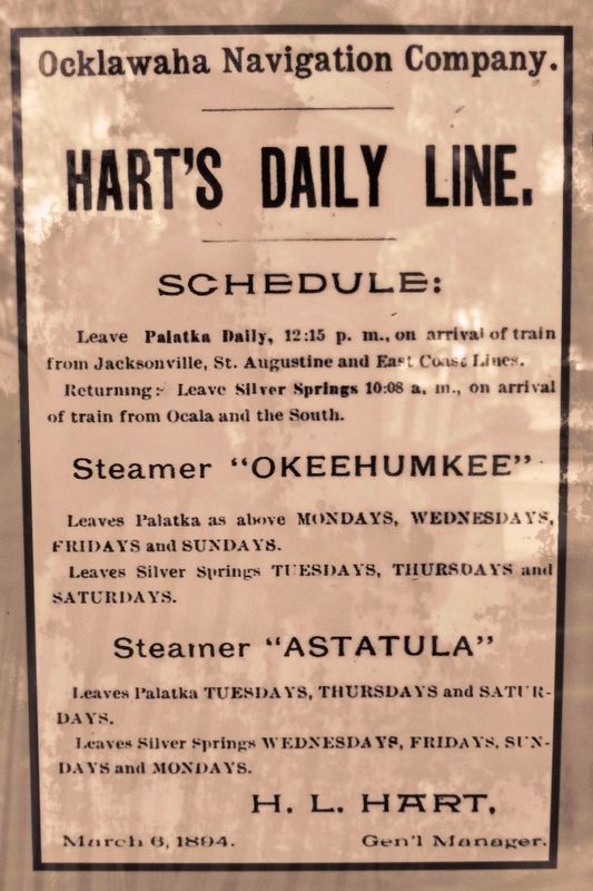 Marker detail: Ocklawaha Navigation Company - Hart Line Schedule image. Click for full size.