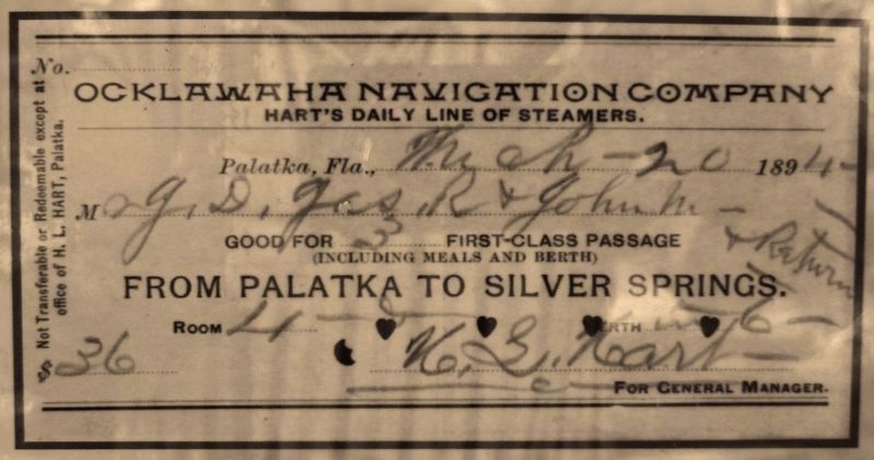 Marker detail: Ocklawaha Navigation Company - Hart Line ticket. Click for full size. Marker detail: Ocklawaha Navigation Company - Hart Line ticket image. Click for full size.