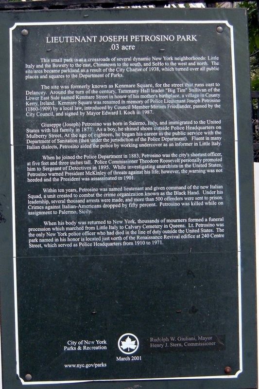 Lieutenant Joseph Petrisino Park Marker. Click for full size. Lieutenant Joseph Petrisino Park Marker image. Click for full size.