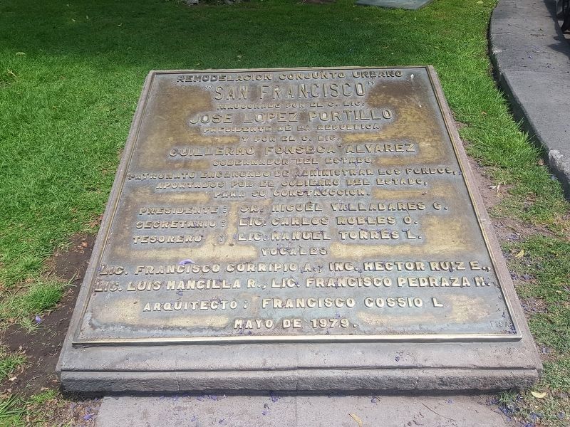 A dedicatory marker for the May 1979 rehabilitation of the Guerrero Garden image. Click for full size.