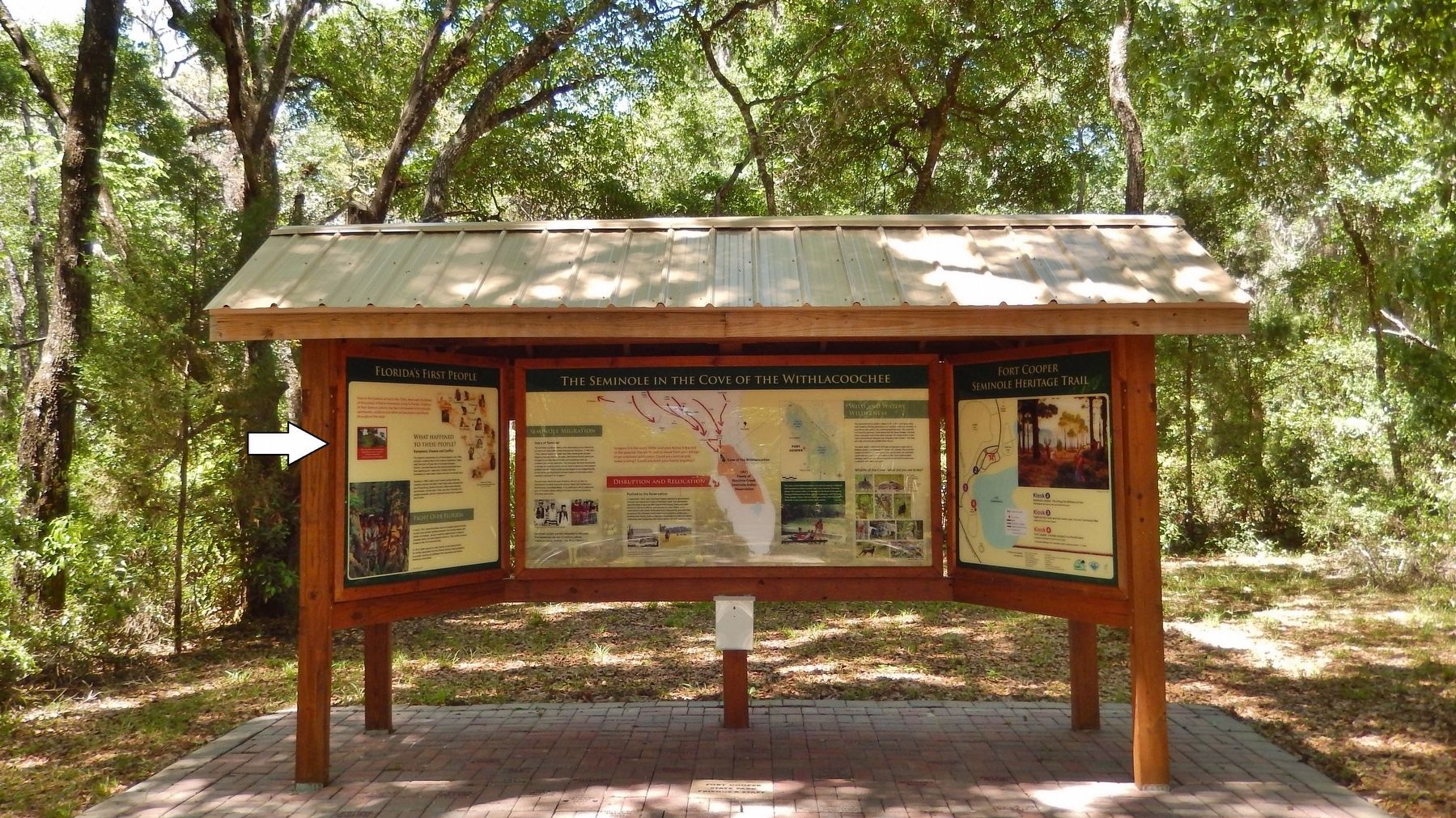 Florida's First People Marker Kiosk (<i>wide view; leftmost marker of this three-marker kiosk</i>). Click for full size. Florida's First People Marker Kiosk (<i>wide view; leftmost marker of this three-marker kiosk</i>) image. Click for full size.