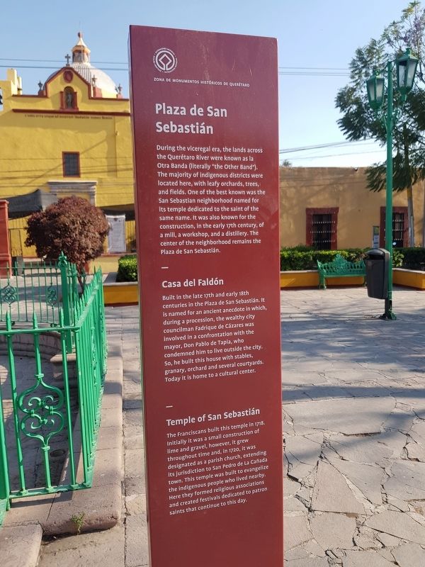 Plaza de San Sebastin / Casa del Faldn / Temple of San Sebastin Marker English text image. Click for full size.