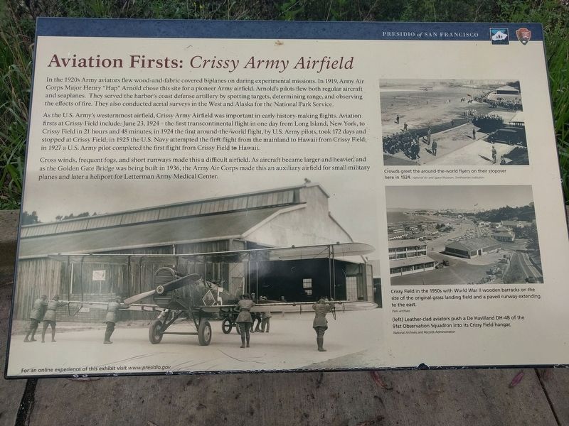 Aviation Firsts: <i>Crissy Army Airfield</i> Marker. Click for full size. Aviation Firsts: <i>Crissy Army Airfield</i> Marker image. Click for full size.