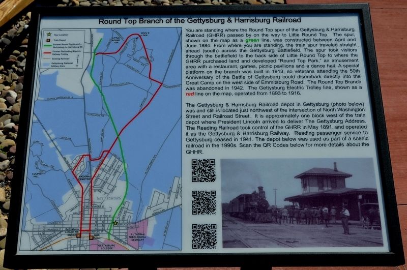 Round Top Branch of the Gettysburg and Harrisburg Railroad Marker. Click for full size. Round Top Branch of the Gettysburg and Harrisburg Railroad Marker image. Click for full size.