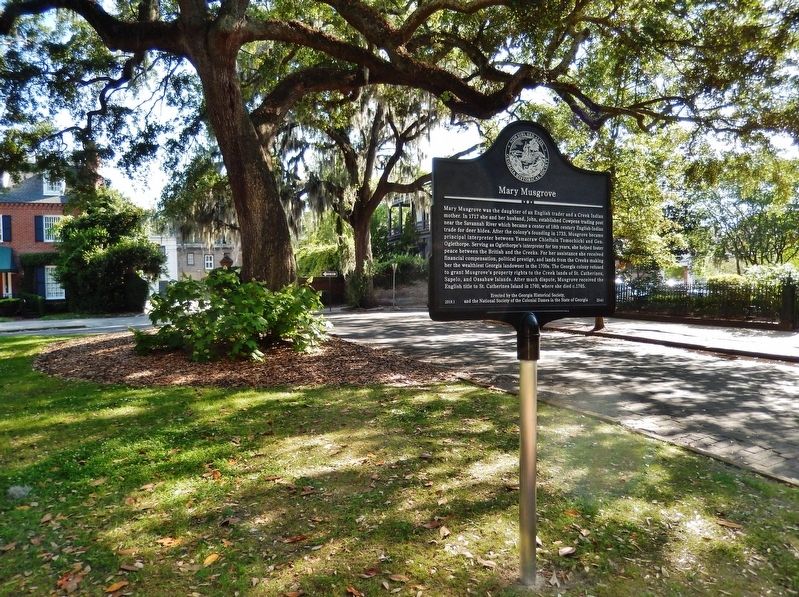 Mary Musgrove Marker (<i>view looking south; Abercorn Street & Charlton St. intersection behind</i>) image. Click for full size.