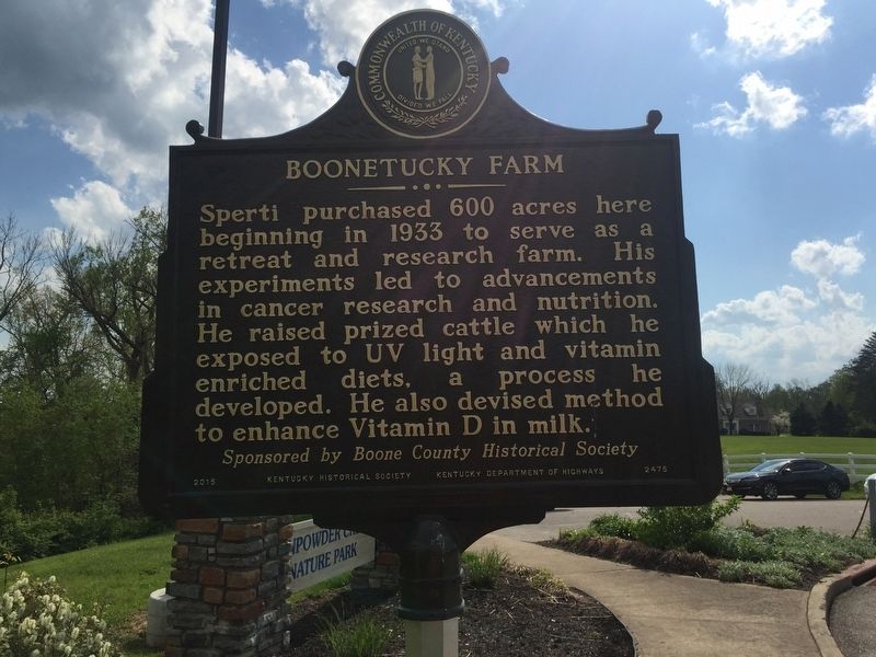 George Speri Sperti/ Boonetucky Farm Marker. Click for full size. George Speri Sperti/ Boonetucky Farm Marker image. Click for full size.