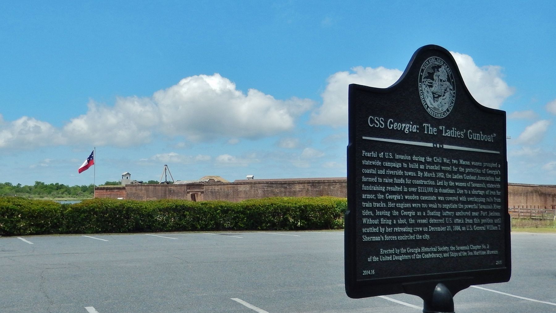 CSS <i>Georgia</i>: "Ladies' Gunboat" Marker (<i>view across parking lot to Old Fort Jackson</i>) image. Click for full size.