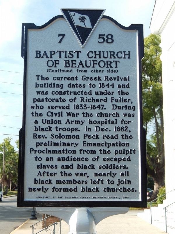 Baptist Church of Beaufort Marker<br>(<i>side 2 • faces north • church on right</i>) image. Click for full size.